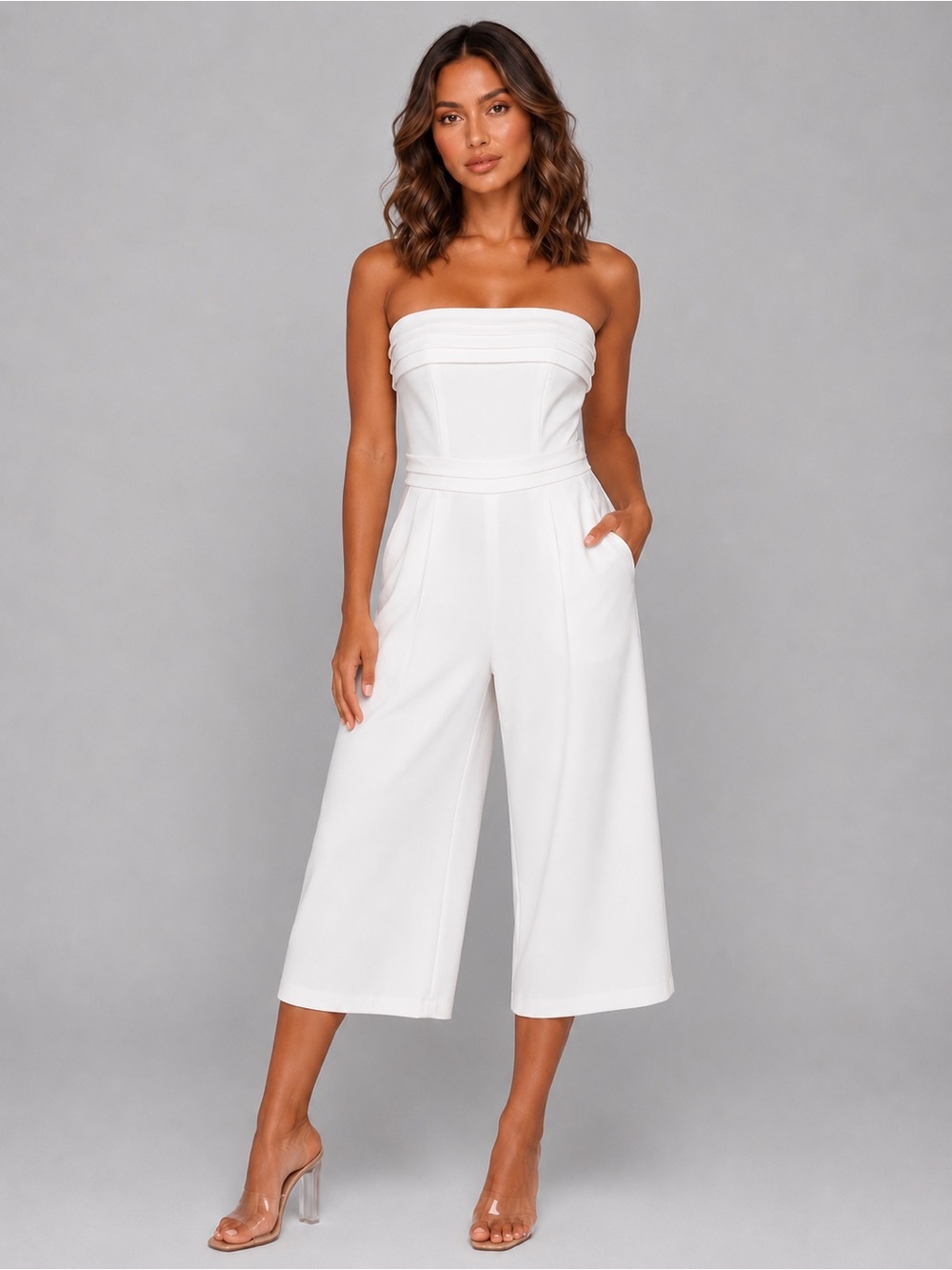 Selfie Leslie White Strapless Wide Leg Capri Jumpsuit S NWOT Chic Wedding Shower
